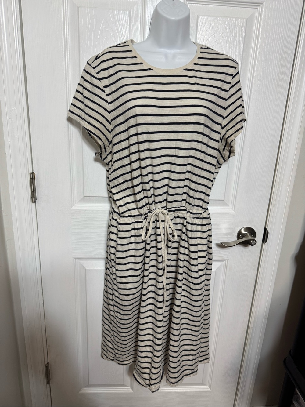 Pact Striped Drawstring Waist Midi Dress - Cream & blue Organic Cotton